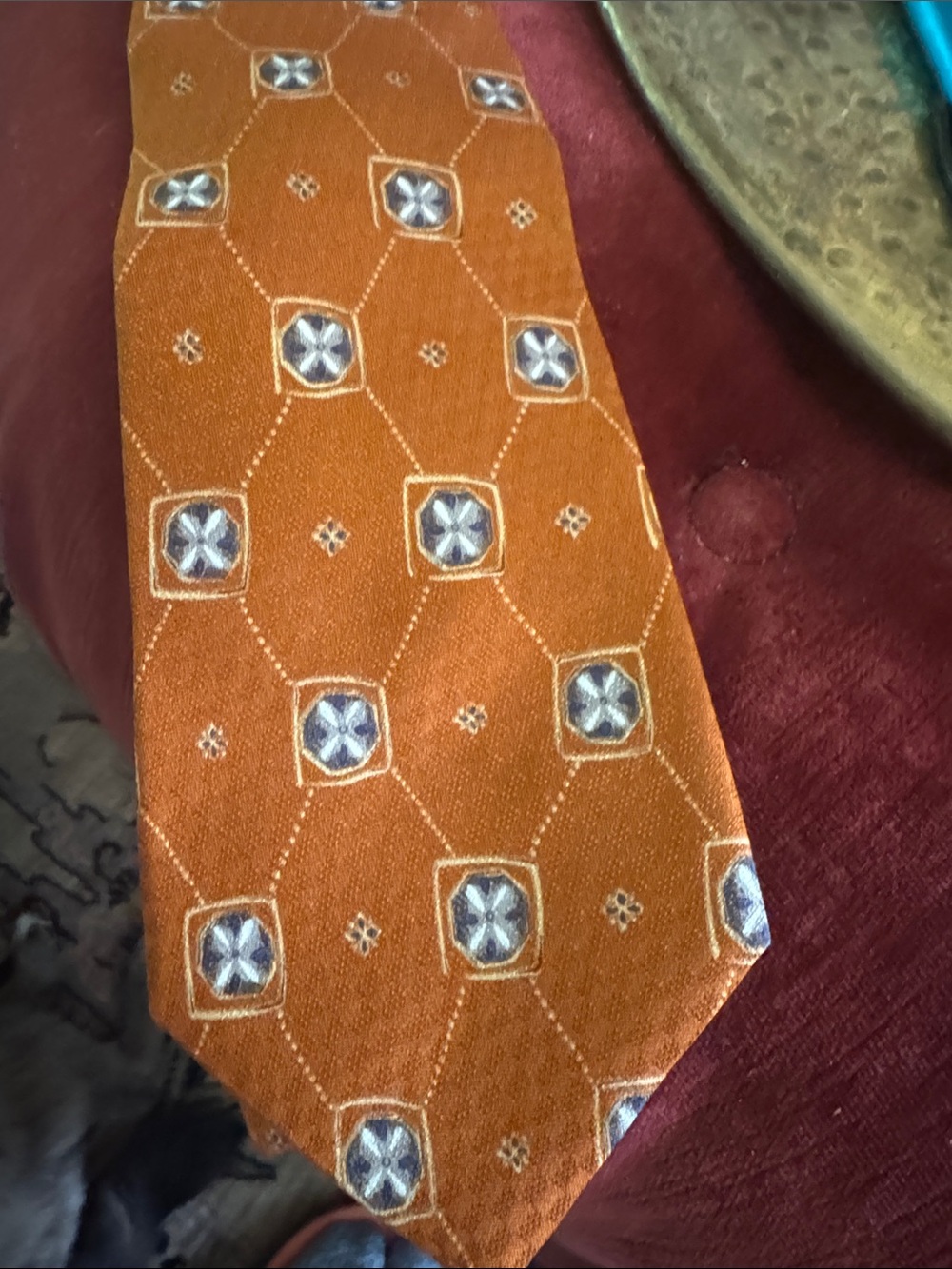 Guess Orange Silk Tie with Blue Geometric Medallions